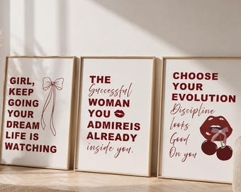 Set di 3 stampe motivazionali da parete per ragazze, pacchetto di poster di moda rossi, decorazioni femminili per la camera da letto, citazioni ispiratrici per donne, arte murale di tendenza