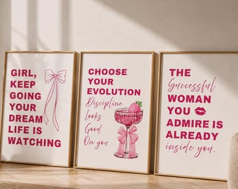 Pink Motivational Wall Art Set of 3, Girly Bedroom Decor Prints, Feminine Quote Posters, Coquette Room Aesthetic, Digital Download