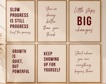 Feminine Red Wall Art Set of 6, Motivational Quote Prints for Women, Girly Office & Bedroom Decor, Printable Download