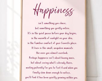 Stampa artistica da parete con citazione sulla felicità, poster minimalista rosa, stampa con affermazione, decorazione per l'amore per se stessi, estetica per la camera da letto, download digitale