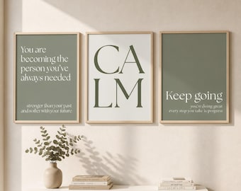 Sage Green Wall Art Set of 3, Calm Quote Printable Bundle, Minimalist Neutral Decor, Typography Poster Set, Motivational Prints Download