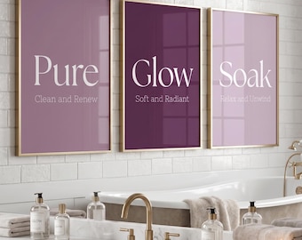 Set di 3 stampe digitali per la decorazione delle pareti del bagno, Glow Pure Soak, stampe con citazioni per la spa, decorazioni minimaliste rosa, download digitale di arte per il bagno dedicata alla cura di sé.