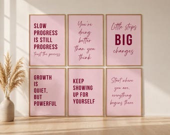 Quadri motivazionali da parete per donne, set di 6 stampe rosa con affermazioni positive, decorazioni per ufficio femminili, galleria di citazioni ispiratrici da appendere alla parete, download digitale.