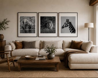 Stampe in bianco e nero di animali selvatici africani: elefanti, leone, giraffa (download digitale)