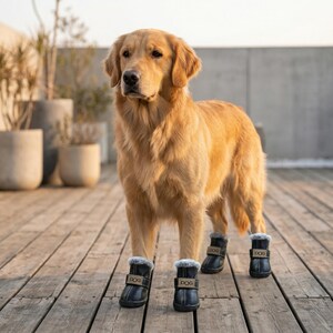 May include: A golden retriever stands on a wooden deck, wearing four black dog boots with faux fur trim. Each boot has a strap with the word "DOG" on it. The dog is in front of some potted plants.