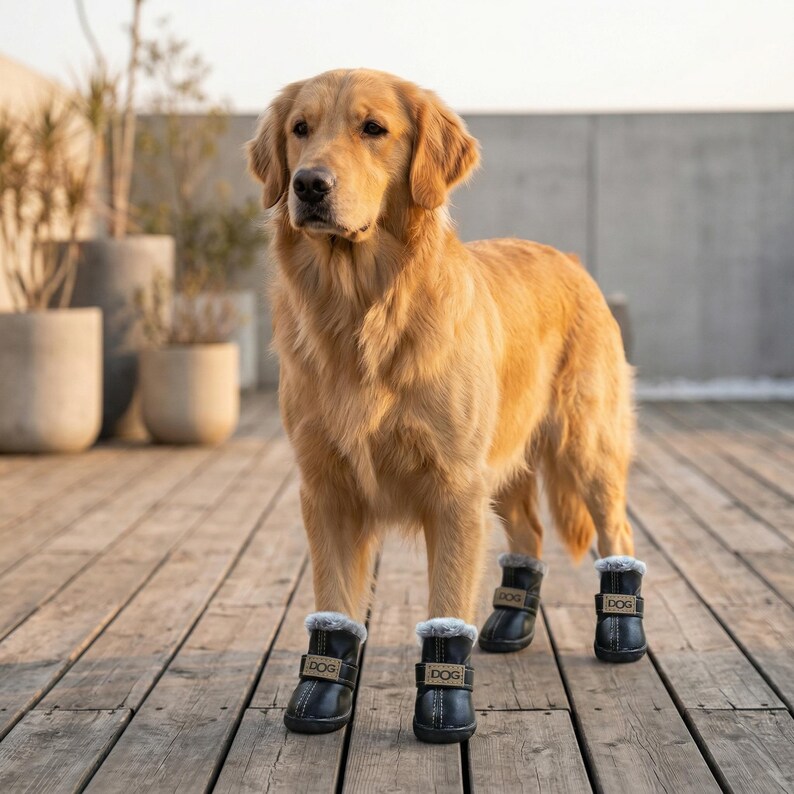 May include: A golden retriever stands on a wooden deck, wearing four black dog boots with faux fur trim. Each boot has a strap with the word "DOG" on it. The dog is in front of some potted plants.
