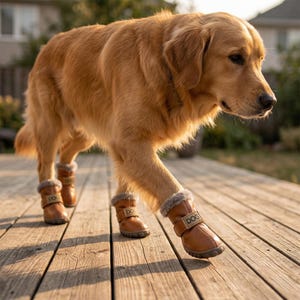 May include: A golden retriever dog wearing brown leather dog boots with faux fur trim and a buckle closure. The boots have the word "DOG" on a small rectangular patch. The dog is walking on a wooden deck.