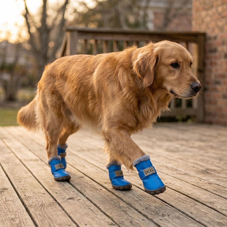 May include: A golden retriever dog wearing four blue dog boots with gray faux fur trim and a brown label that says "DOG". The dog is walking on a wooden deck.