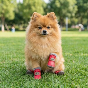 May include: A fluffy, light brown Pomeranian dog sitting on green grass, wearing four small red dog boots with gray trim. Each boot has the word "DOG" printed on it. The dog is looking directly at the camera.