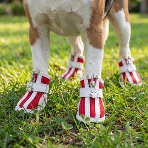 May include: Red and white striped dog boots with a mesh design. The boots have a white strap with a silver zipper and a paw print charm. The dog boots are on a grassy surface.
