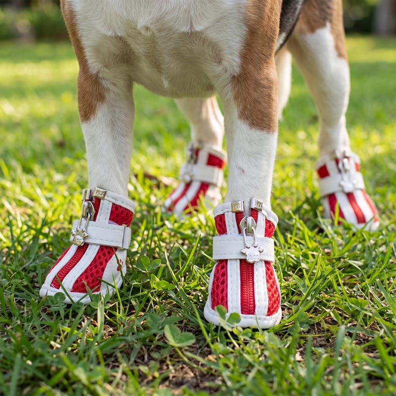 May include: Red and white striped dog boots with a mesh design. The boots have a white strap with a silver zipper and a paw print charm. The dog boots are on a grassy surface.
