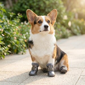 May include: A tri-color Corgi dog wearing four silver dog boots with the word "DOG" printed on each boot. The dog is sitting on a stone surface with green foliage in the background.