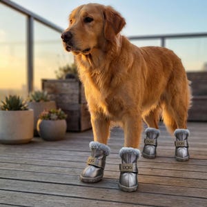 May include: A golden retriever dog wearing four silver dog boots with faux fur trim and a strap that says "DOG". The dog is standing on a wooden deck with potted plants in the background.