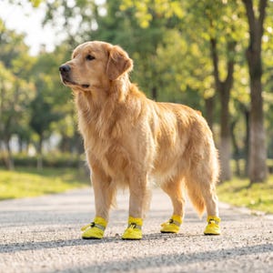 May include: A golden retriever dog wearing four yellow boots stands on a paved path. The dog has a light brown coat and is looking to the left. The background features green trees and sunlight.