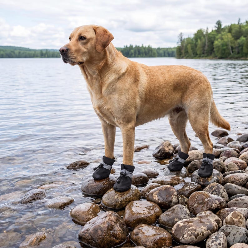 May include: A golden Labrador stands on a rocky shoreline, wearing black dog boots. The dog is looking towards the water, with a lake and trees in the background. The boots have reflective details.