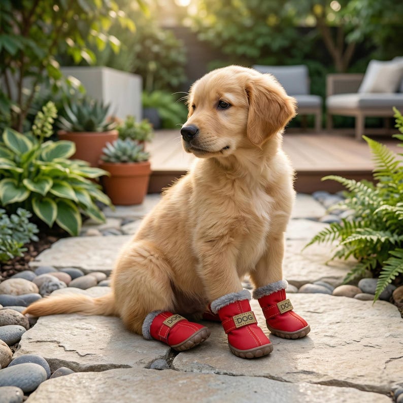 May include: A golden retriever puppy sits on a stone path, wearing red dog boots with gray faux fur trim. The boots have a buckle and the word "DOG" printed on them. The background includes greenery and a wooden deck.