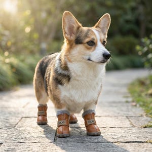 May include: A tri-color Corgi dog wearing brown leather boots with the word "DOG" printed on the side. The dog is standing on a stone path, with a blurred green background.