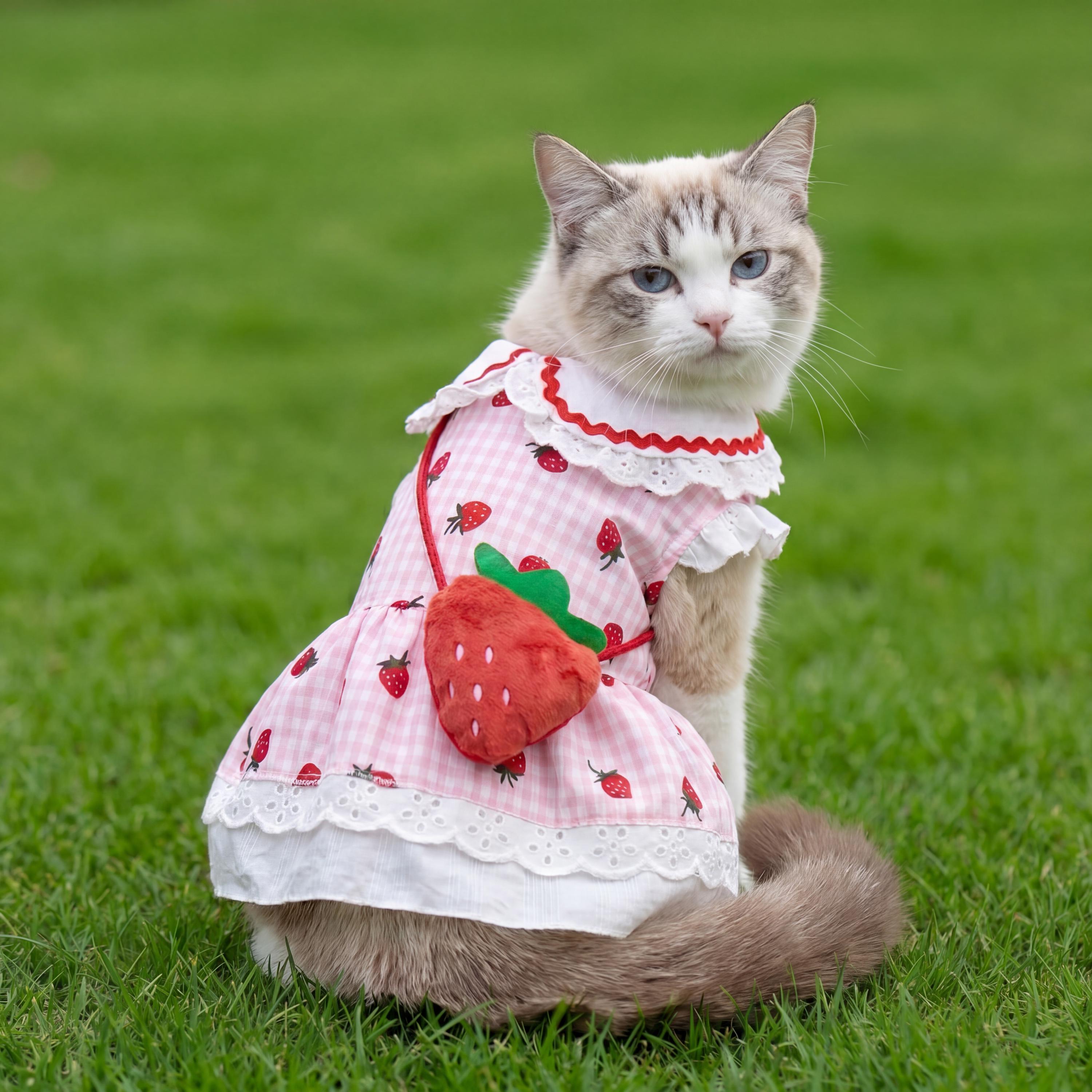cute cat wearing dress Strawberry Dress, Cotton Gingham Pet Outfit, Small Cats Kittens Accessory Size:5 (Pre-Order - Ships Late October) Colour_RUST cute cat in pink dress Bruce Almighty Photocall Dorchester