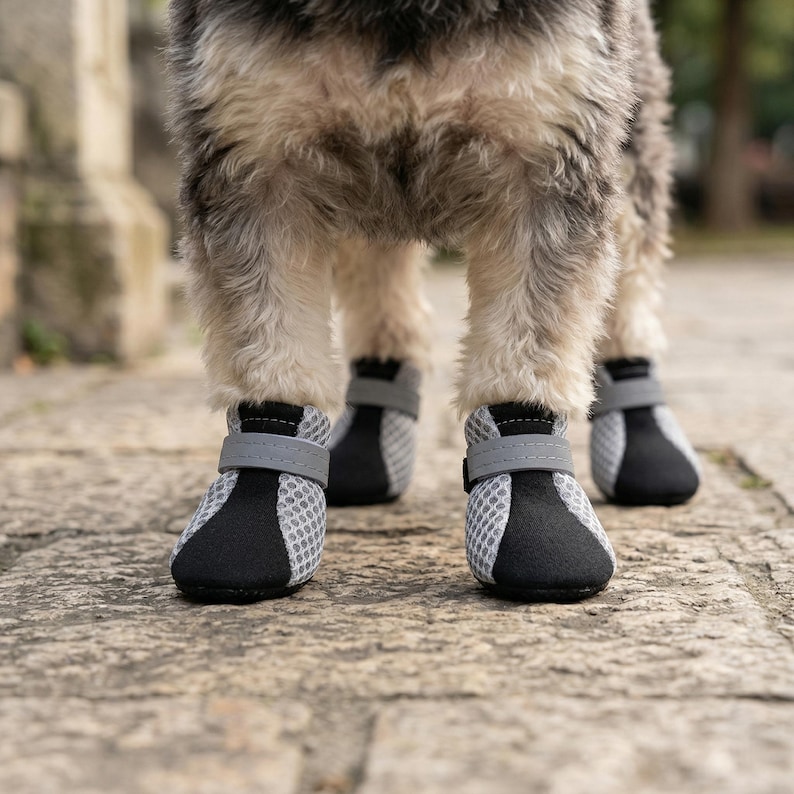 May include: Dog boots in a close-up shot. The boots are black and gray with a mesh design and a velcro strap. The dog's legs are visible, with light-colored fur. The boots are on a stone surface.