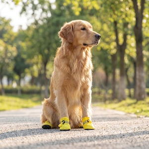 May include: A golden retriever sits on a paved path, wearing yellow dog boots. The dog is facing right, with a blurred background of trees and sunlight. The boots have black soles and adjustable straps.