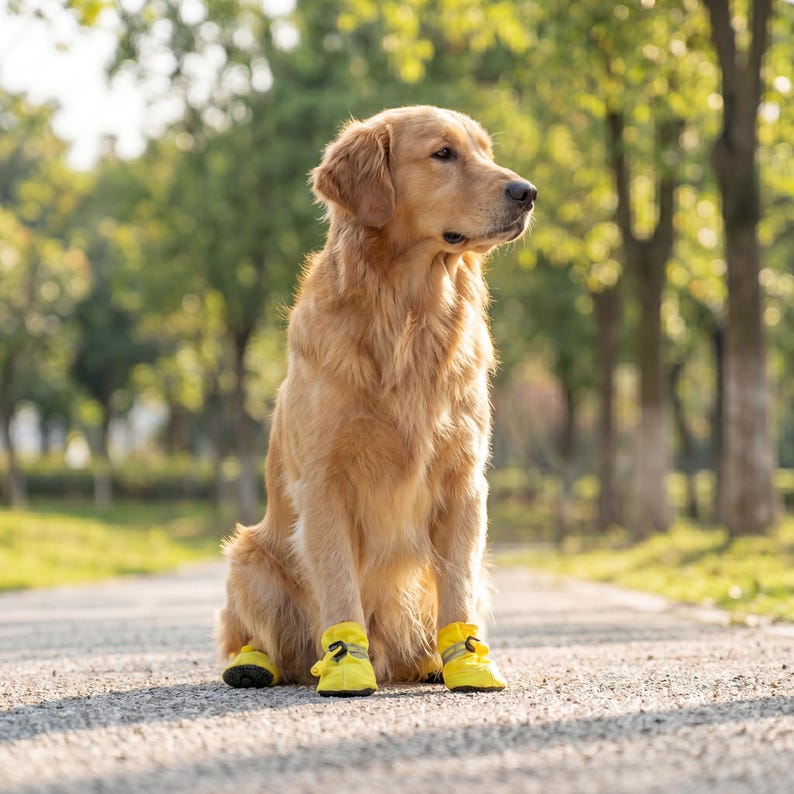 May include: A golden retriever sits on a paved path, wearing yellow dog boots. The dog is facing right, with a blurred background of trees and sunlight. The boots have black soles and adjustable straps.