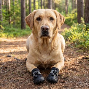 May include: A golden Labrador Retriever wearing black dog boots, lying on a forest path. The dog is looking directly at the camera. The background features a blurred forest with tall trees and sunlight.