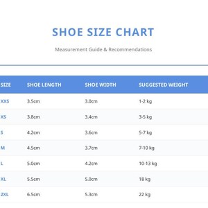 May include: A shoe size chart displaying shoe measurements in centimetres and suggested weight in kilograms. The chart ranges from XXS to 2XL, detailing shoe length, width, and weight suggestions. The title "SHOE SIZE CHART" is at the top.