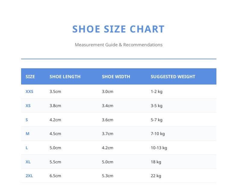 May include: A shoe size chart displaying shoe measurements in centimetres and suggested weight in kilograms. The chart ranges from XXS to 2XL, detailing shoe length, width, and weight suggestions. The title "SHOE SIZE CHART" is at the top.