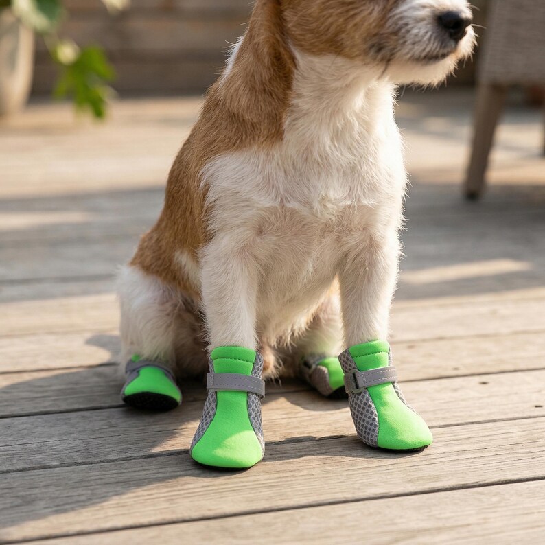 May include: A small dog wearing four green and gray dog boots with adjustable gray straps. The dog is sitting on a wooden deck in natural light. The boots have a mesh design.