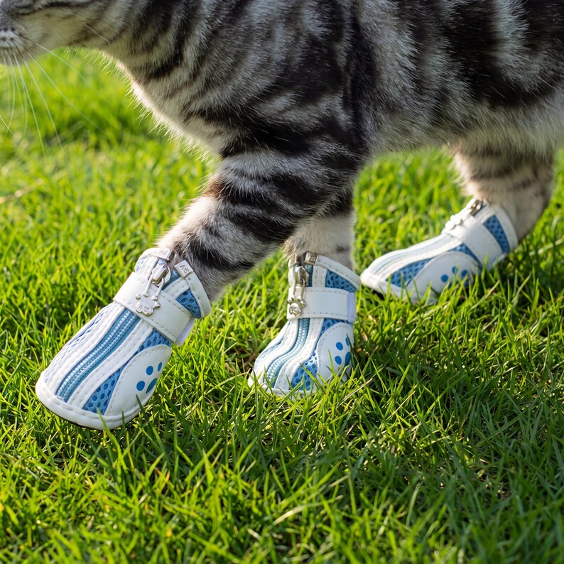 May include: A cat wearing white and blue pet boots with a zipper closure. The boots have a mesh design and are decorated with blue polka dots. The cat is standing on green grass.