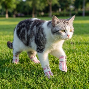 May include: A gray and white cat wearing pink and white pet boots, walking on green grass. The boots have a zipper closure and a decorative pink pattern.