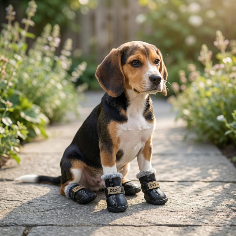 May include: A tricolor Beagle puppy sits on a stone path, wearing four small black dog boots with the word "DOG" on the straps. The dog has brown and black fur with white markings. The background is blurred with greenery.