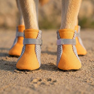 May include: Close-up of a dog wearing orange and gray dog boots. The boots have a mesh design on the sides and a reflective gray strap. The dog boots are designed to protect the dog's paws.