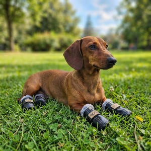 May include: A brown dachshund dog wearing four black leather dog boots with a faux fur trim, lying on green grass. The boots have a small tag that says "DOG". The dog is in a grassy outdoor setting with trees in the background.
