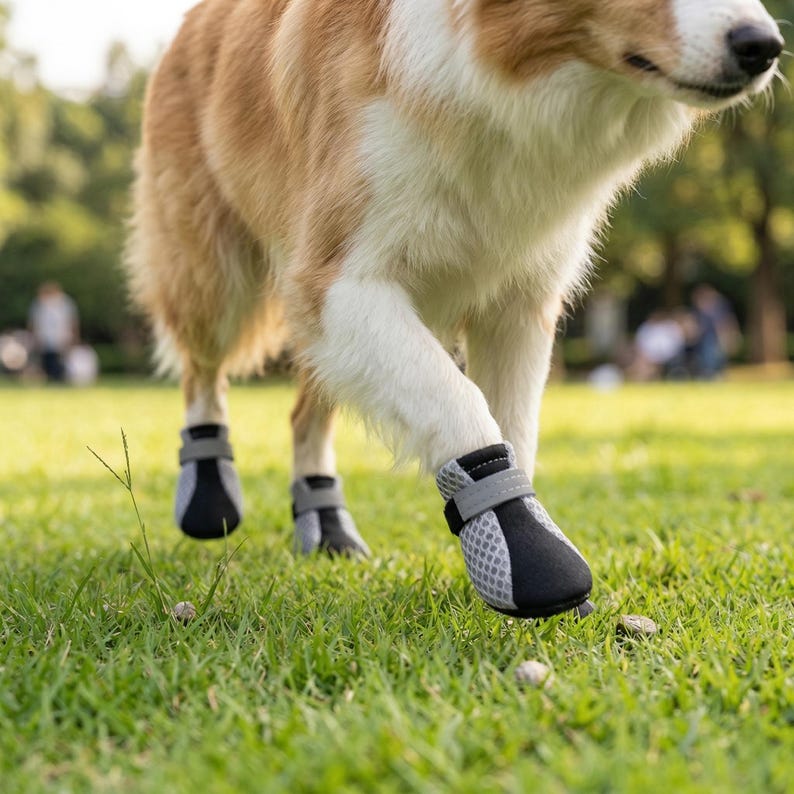 May include: A dog wearing black and gray protective boots walks on green grass. The boots have a mesh design and adjustable straps. The dog has brown and white fur and is in a grassy outdoor setting.