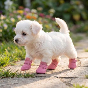 Peut inclure: Un chiot blanc et duveteux porte des bottes roses et marche sur un chemin de pierre. Le chiot a une petite queue et est entouré d'herbe verte et de fleurs colorées. Les bottes roses ont une fermeture velcro.