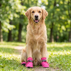 May include: A golden retriever sits on a path in a park, wearing bright pink dog boots. The dog has a happy expression, with its tongue slightly visible. The boots have a velcro strap.