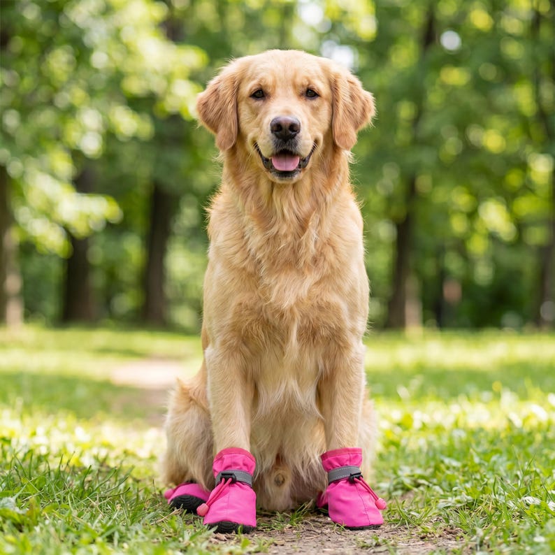 May include: A golden retriever sits on a path in a park, wearing bright pink dog boots. The dog has a happy expression, with its tongue slightly visible. The boots have a velcro strap.
