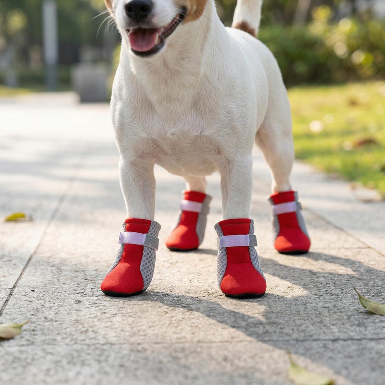 May include: A white and brown dog wearing four red and gray dog boots. The boots have a mesh design and a velcro strap. The dog is standing on a gray concrete surface with green foliage in the background.
