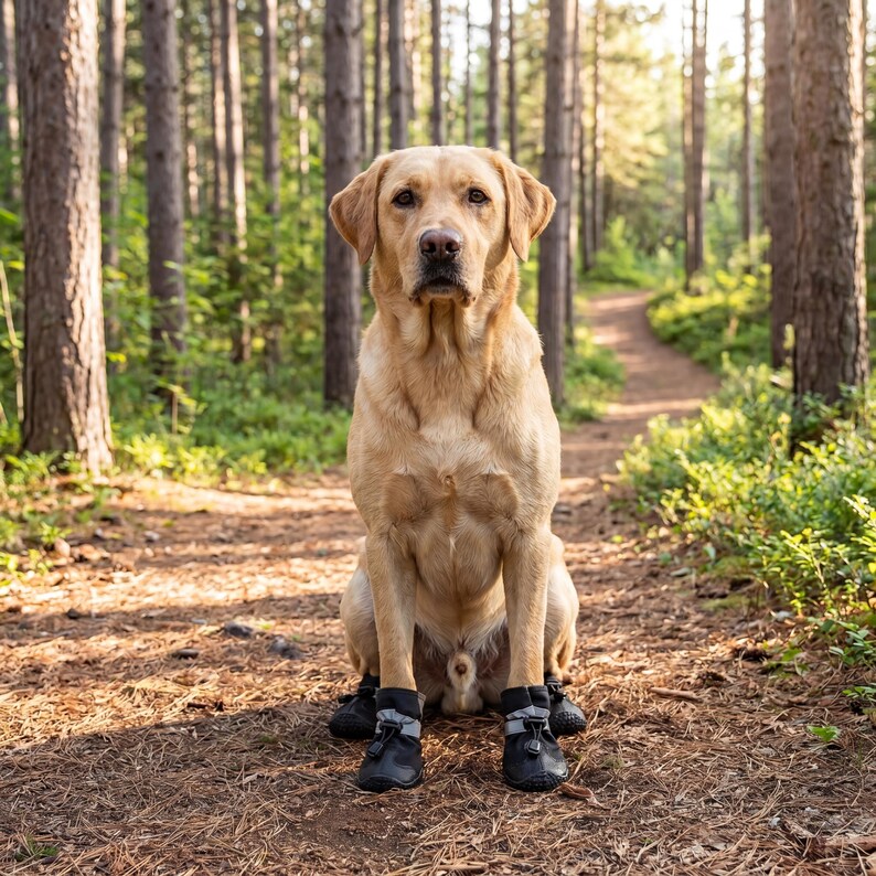 May include: A golden Labrador Retriever sits on a forest path, wearing black dog boots. The dog is facing the camera with a focused expression. The background features a path winding through a forest of tall trees.