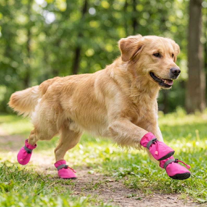 May include: A golden retriever dog running outdoors, wearing pink dog boots. The boots have a velcro strap and black soles. The dog is in motion, with a blurred green background of trees and grass. The boots are a vibrant pink colour.