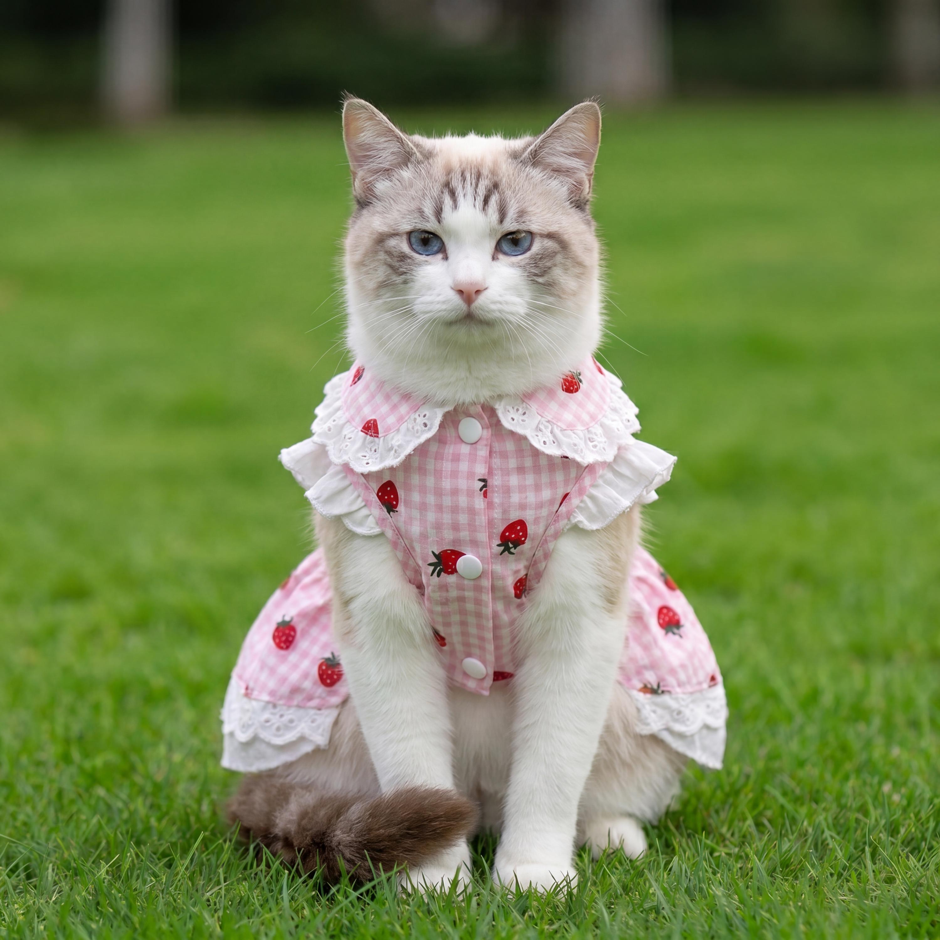 Strawberry Cat Dress, Cotton Gingham Pet Outfit, Small Cats Kittens Accessory