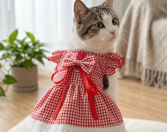 Vestitino per animali domestici a quadretti, fantasia floreale, dettaglio fiocco, completo per cani e gatti di piccola taglia