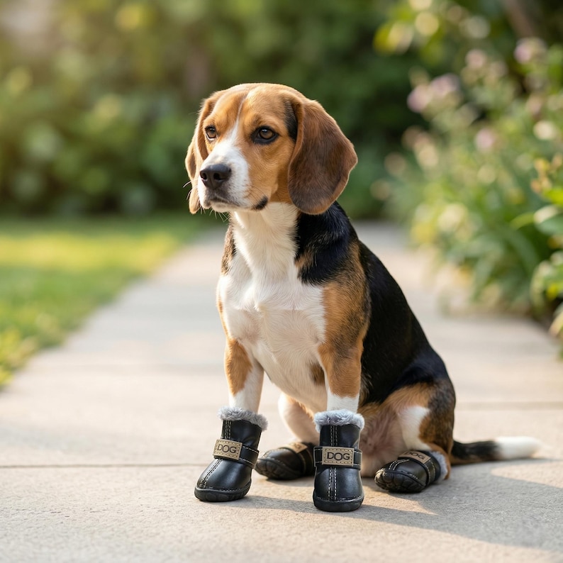 May include: A tricolor Beagle dog sits on a concrete path, wearing four black dog boots with the word "DOG" on the side. The dog has brown and white fur and is looking to the left. The background is blurred with green foliage.