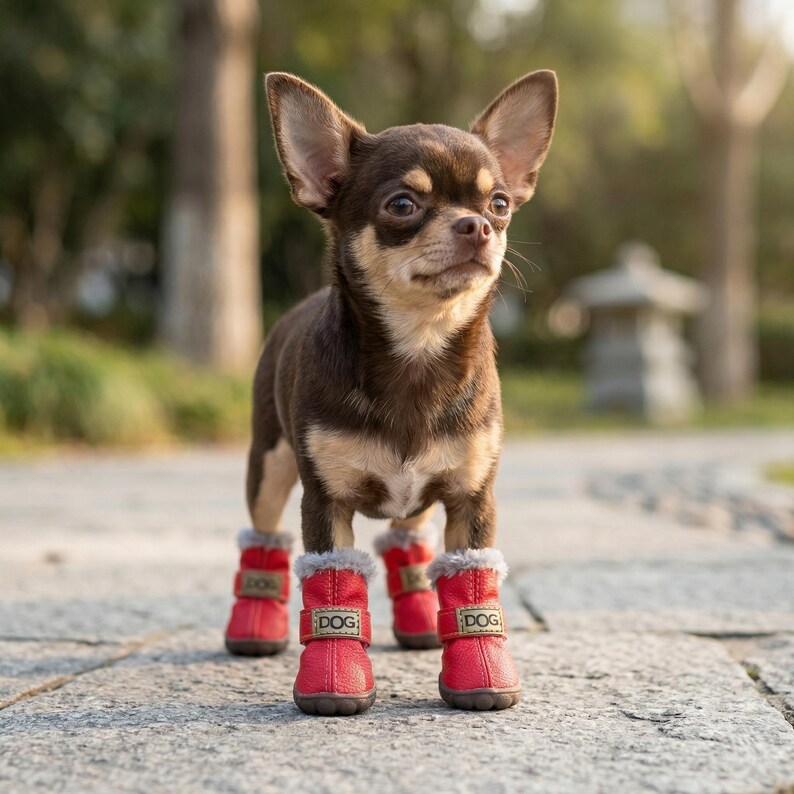 May include: A brown and tan Chihuahua dog wearing red boots with the word "DOG" on the straps. The boots have a faux fur trim. The dog is standing on a stone surface.