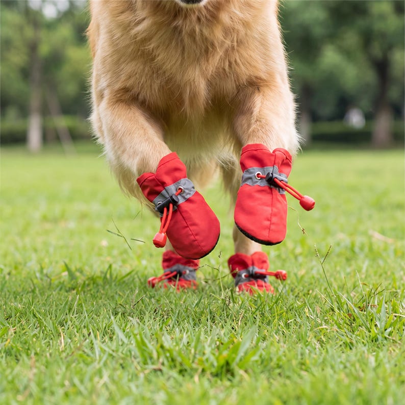 May include: A dog running on grass, wearing red dog boots with grey detailing. The boots have drawstrings. The dog's paws are off the ground. The boots are designed to protect the dog's paws.