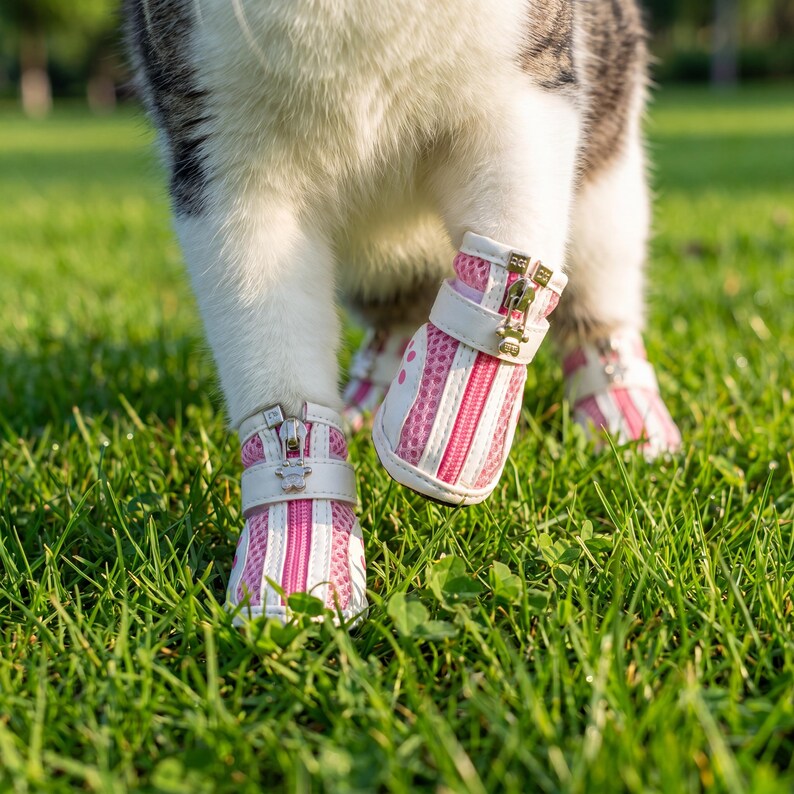 May include: Pink and white dog boots with a mesh design and zipper closure. The boots have a white strap with a small decorative buckle. The dog is standing on green grass.