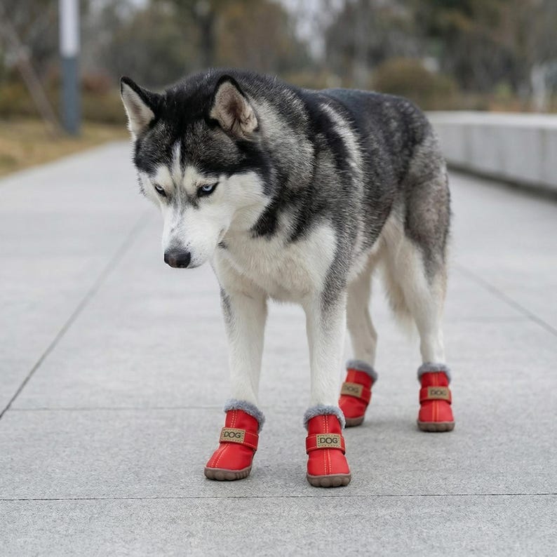 May include: A Siberian Husky dog wearing four red dog boots with the word "DOG" on the side. The boots have a faux fur trim and a velcro strap. The dog has blue eyes and a black and white coat.