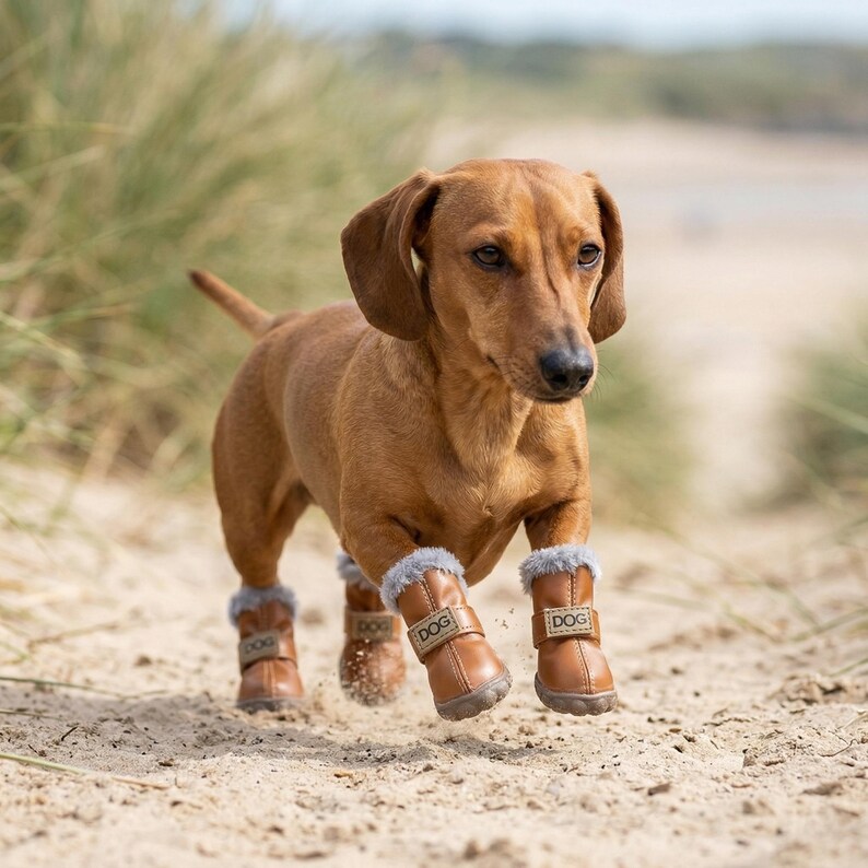 May include: A brown dachshund dog wearing brown leather dog boots with gray faux fur trim and the word "DOG" on the straps. The dog is running on a sandy beach with tall grass in the background.