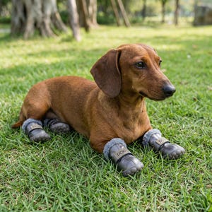 May include: A brown Dachshund dog wearing four gray dog boots with the word "DOG" on the straps, lying on green grass. The boots have a faux fur trim. The dog is outdoors in a park setting.
